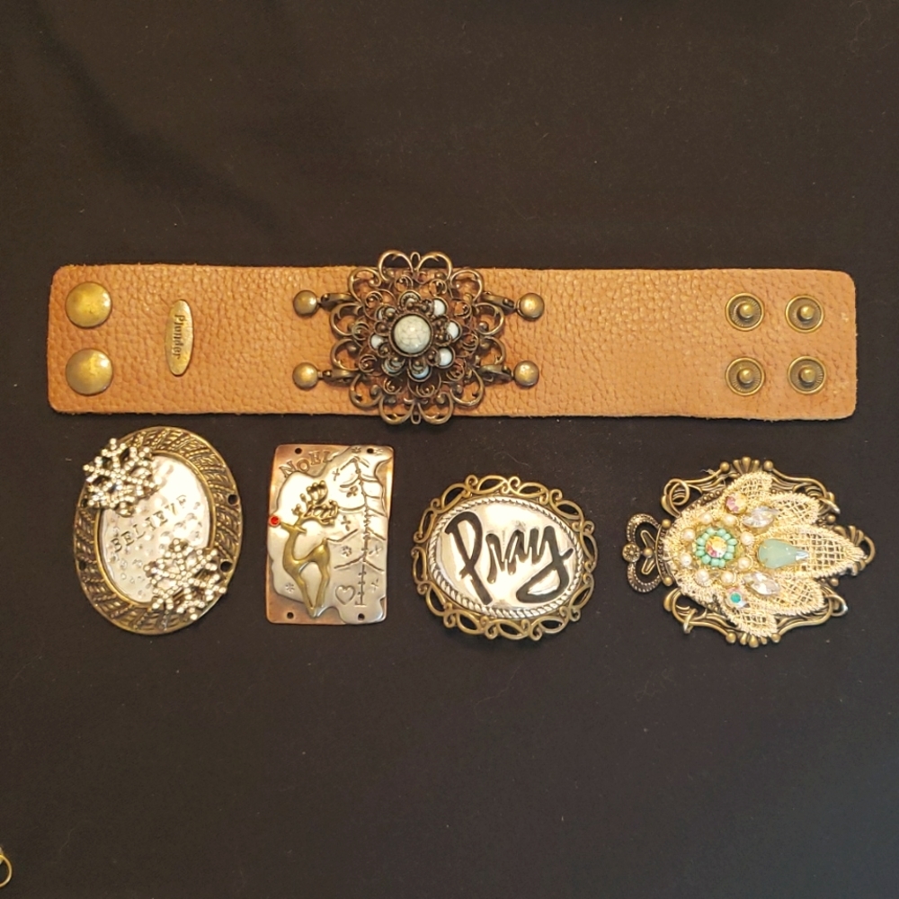 Plunder faux leather cuff and lot of 5 brooches